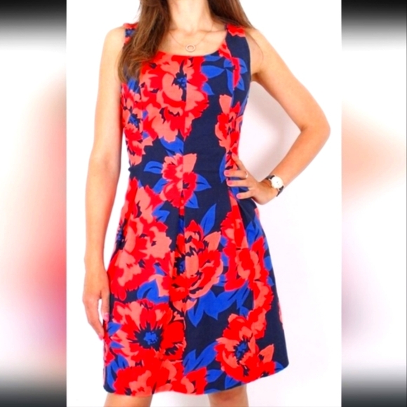 Tommy Hilfiger Floral Fit & Flare Dress Sleeveless Navy Orange Designer Summer - Picture 1 of 10